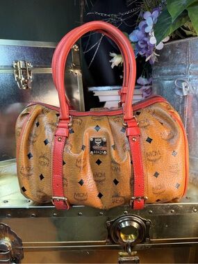 MCM Visetos Cognac Boston Hobo Bowling Bag with Coral Trim and Lock and keys